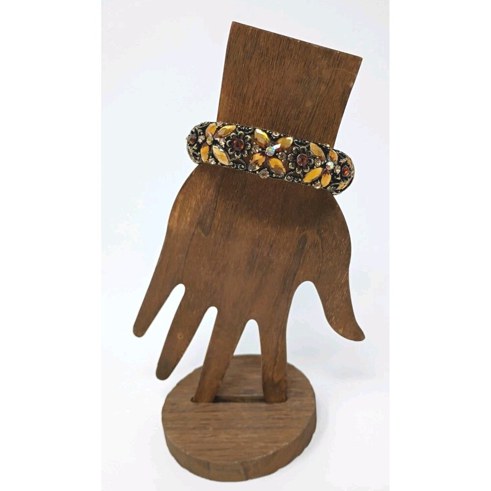 A Kirks Folly Amber Colored Stone Bracelet Antique Gold tone Hinged Cuff